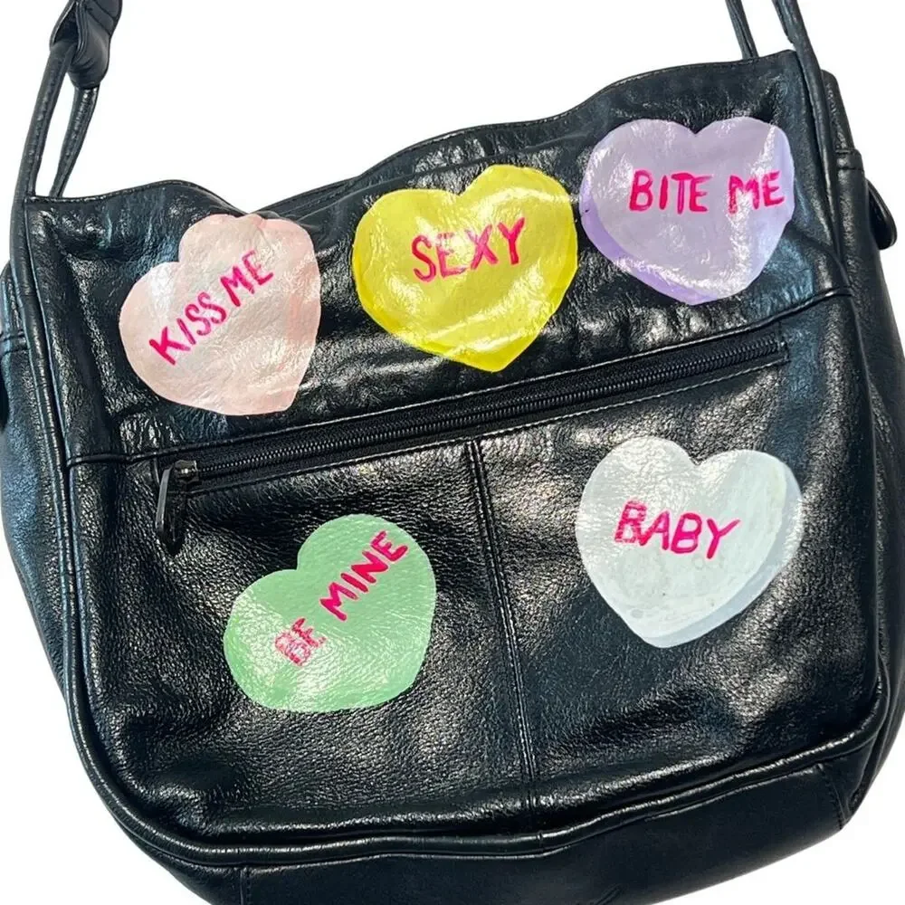 Black Leather Hand Painted Sweethearts Purse Graphic Cheeky Whimsy Pop Art